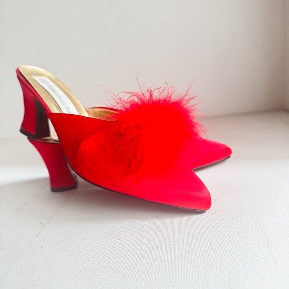 Vintage Intimate Details Red Satin Fur Pom Pom Bedroom Slippers Kitten Heel 8 - Picture 4 of 7
